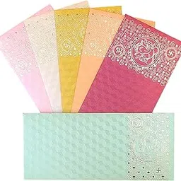 Jhintemetic® - Pack of 25 Matellic 5 Colours of 5 Each Randomly Picked Colourful Designer Shagun Lifafa/Money Gift Envelope with Lattice Ganpati for Gifting Money on any occasion-picture-20