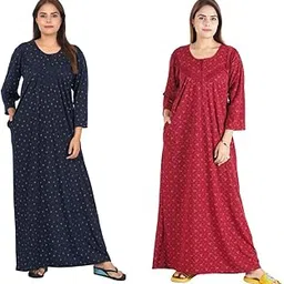RILO Women's Printed Hosiery Cotton Full Sleeve Nighty Nightgown Maxi with Pocket Pack of 2-image-7