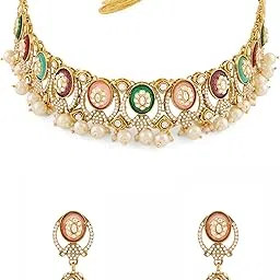 Multicolor Stones Austrian Diamonds Pearls Drop Choker Necklace & Earring Set For Women-ZPFK21784-image-46