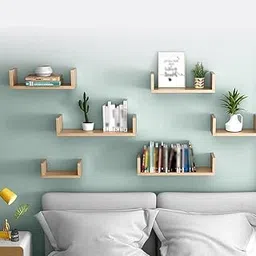 WOODENYA Hanging Floating Wall Mount Display U Shape Wall Shelf, Engineered Wood Wall Rack Shelf for Living Room Decoration, Showcase and for Storage (Set of 6, Natural)-image-2