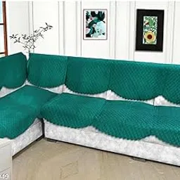 Ur Shopee Velvet Solid Pattern L Sape 7 Seater Self Design Sofa Cover/Sofa Panel/Furniture Cover-Teal Green-Pack of 14-picture-25