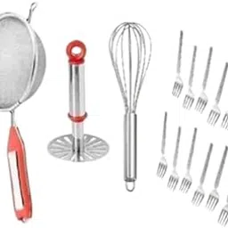 Kitchenware Combo Stainless Steel Soup Strainer with Potato Small Masher and Steel Whisk Plus Multicolor (Pack of 4) (DSG-C)-image-0