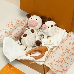 Gubbachhi Complete Newborn Gift Box (Amba Cow) | Crochet Rattle, Crochet Soft Toy, Neemwood Teether & Muslin Swaddle Combo | Newborn Gifting | Ideal for Gifting Infants | Babyshower Gift | 4 Pieces-picture-10