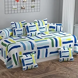 Decozom Stylish Threads Heavy Cotton 8 Pieces Diwan Set ||1 Single Bedsheet, 2 Bolster Covers, 5 Cushion Covers || :- Blue Line-picture-11