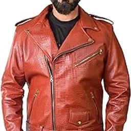 Crocodile Pattern Leather Motorcycle Jacket, Burnt Orange, Multiple Zippers, Belted Waist-image-82