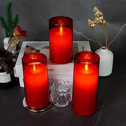 LTETTES Set of 6 Red Acrylic Fiber Glass Flameless LED Candles with Moving Faux Wick | 3" Diameter x 4",5",6" Height, AA Battery Powered with Remote Controller for Home Decor & Gifting-image-6