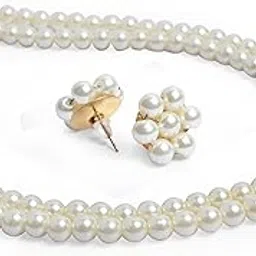 Double Layer White Pearl Necklace Moti Mala with matching Pearl Studs Earrings for Women and Girls-picture-26