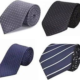 Formal Tie for Men & Boys | Stylish Necktie for Weddings, Office & Casual Wear | Tie Set of Grey, Black with red and light blue polka dots, Dark Blue & Blue Striped | Pack of 4-image-16