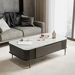 DecorNation Valencia Faux Marble Coffee Table Graphite Grey with Two Drawers Storage – PVD Coated Legs – Modern Living Room Accent Furniture image 1