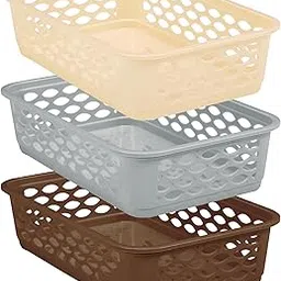 RATAN PLASTICWARE Diana Tray Rectangular-Medium (Pack of 3) Plastic Storage for Desk Basket/Organizers for Stationery, Jewellery, Tools,Kitchen, Office-Lt Brown, Daiso Grey, Twist Beige-image-13