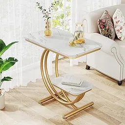 Coffee Table with Metal Legs for Living Room End Table Next to Table A Multipurpose Square Table with a Small Accent Table, Snack Table, and nightstand White Gold-image-26