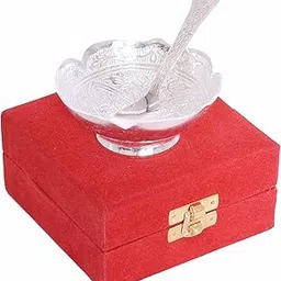 Piepot German Silver Bowl Set of 2 | German Silver Bowl and Spoon with Red Velvet Box | 2 Pieces Set for Wedding Gifts, House Warming & Pooja | Silver Gift Items(Silver Flower Patteren)3.75 Inch, 80ML-picture-50