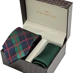 the tie hub Navy Blue & Green Checkered Necktie with Dark Green Pocket Square Combo for Men-picture-13