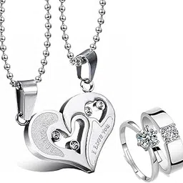 Designer Silver Chain and Ring - Stainless Steel Heart Shape Pendant for Boys and Girls - Couple Necklace and Finger Ring - Best Valentine and for Women-image-82