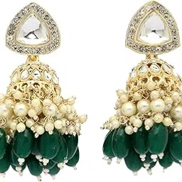 Excellent Fashionable Style Gold Plated Kundan & Green Cluster Beads Drop Jhumka/Jhumki Earring Jewellery For Women & Girls|E107332-image-19