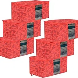 Kuber Industries Underbed Storage Bag | Clothes Storage Bag | Blanket Cover with Clear Window | Zipper Closure & Handle Cloth Organizer | New Flower-Design | Large | Pack of 6 | Red-picture-27