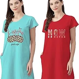 fflirtygo Women’s Cotton Nighty | Printed Knee Length Night Gown |Relaxed Fit Nightwear |Short Nightdress| Long T-Shirt | Sleepwear & Casual Wear Nighty (Pack of 2)-picture-18