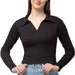 trend level Ribbed Polo Collar Extended Sleeves Tops for Women-picture-12