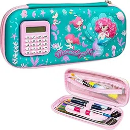 VGRASSP Stationery Pencil Pouch for Kids with Mini Calculator - Mermaid Theme Zipper Case with Multi Storage Compartments - School Supplies Organizer - Multicolor image 1