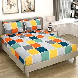 TIB Geometrical Polycotton Cotton Feel Elastic Fitted King Size Bedsheet with 2 Pillow Covers - Multi | 130 TC | Best Suitable for 4-8 inch Mattress-picture-53