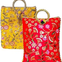 Tanmish World Potli | Silk Wedding bag| Christmas Return Gift | Traditional Embroidered Potli Handbag with Golden Handle – Ethnic Clutch Bag for Women & Girls – Bridal, Wedding (YELLOW & RED)-picture-35