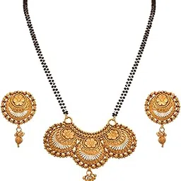 jfl Jewellery for Less Traditional Ethnic One Gram Gold Plated Floral Golden Mangalsutra with Double Black Beaded Chain for Women,Valentine-picture-12