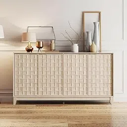 ND INTERNATIONAL Modern Textured 4-Door Sideboard Buffet with Geometric Pattern Front, Light Oak Finish, Solid Wood Storage Cabinet for Dining Room, Living Room, Entryway, Hallway-picture-15