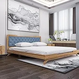 SABTA Craft Solid Sheesham Wood Low Height King Size Bed Without Storage | Wooden Double Bed | Low Floor/Lying/Rise/Level/Profile Cot with Cushioned Headboard | Brown & Blue Cushion-image-5