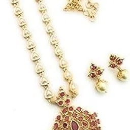 sasitrends Gold Plated Brass 18 Inches Short Pearl Chain with Small Pendant and Tiny Earrings for Women & Girls-picture-55