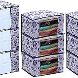 Kuber Industries Flower Printed Non Woven 6 Pieces Saree Cover and 3 Pieces Underbed Storage Bag, Cloth Organizer for Storage, Blanket Cover Combo Set (Royal Blue) -CTKTC038628-picture-11
