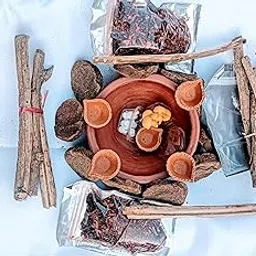 Dev Ahuti Hawan Samagri with Clay Kund, Wood, Kapoor, ghee batti 10 kande, Small diye image 1
