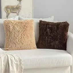 PICKKART Set of 2 Fur Cushion Pillow Cover- 16x16 Inches/ 40x40 CM (Beige & Coffee)-picture-20