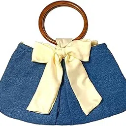 Denim Bag Hand Carry with Wooden Handles & Cream Bow – Boat Shape Handbag with Zip Closure & Pom Pom Puller for Women-image-12
