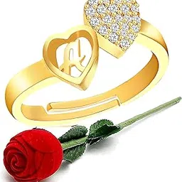 meenaz CZ Valentine American Diamond Brass Adjustable I Love You Heart Initial Letter Name Alphabet A Finger Rings for Women in Red Rose Box Set-picture-13