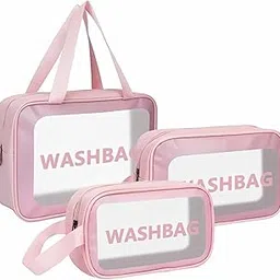 JD FRESH 3 Pieces Transparent Makeup Organizer Pouches/Makeup Bag for Women/Cosmetic Pouch/Toiletry Kit Bag for Travel(Pink/Large-Medium-Small) image 1