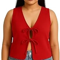 Vizion by Ankita Women's Sleeveless V-Neck Vest Top with Double Bow Tie Front, Red-picture-50