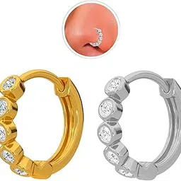 FASHIONS Silver Golden Plated Crystal Stone Piercing Nose Ring Pin Pierced Hole Type Nosepin for Women & Girls-image-80