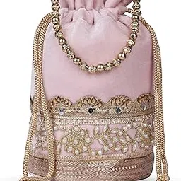 skimmer Elegant Potli Handbag, Pink Velvet with Pearl and Gold Embellishments, Beaded Handle, Drawstring Closure-picture-41