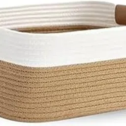SLAPPY® Jute Cotton Storage Gift, Rectangle case for Closet, Packing, Wedding Packaging Organizer Box Jute Basket Handwoven Eco-Friendly Foldable Storage Basket Bins (12LX8WX5H) (BEIGE & WHITE)-image-68