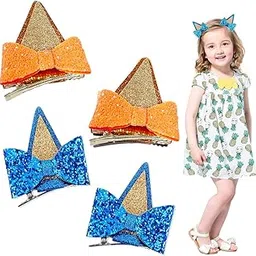 PALAY 2 Pairs Dog Ears Hair Bow Clips for Toddler Kids, Glitter Sequine Bow Hair Barrettes for Kids Hair Accessories Party Dressing Up Hair Accessories Costume Party Favor, Blue+Apricot-picture-51
