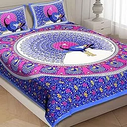 RajasthaniKart® Pure 100% Cotton Double Bed Sheet with 2 Pillow Covers (Bedsheet for Double Bed Cotton, Blue More Jaipuri, King Size,732) image 1