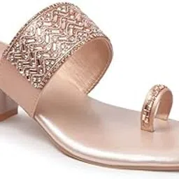 dipyo Stylish Embroidered Stone Design Ethnic Block Heel Slip-On Sandals for Women (Peach, Golden)-picture-15