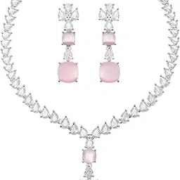 zeneme Rhodium-Plated Square American Diamonds Studded Pendulous Necklace With Earrings Jewellery Set For Girls and Women-picture-45