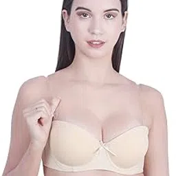 brachy Women's Balconette Demi Cup Lightly Padded Wired Push-Up Bra Strapless, Transparent Straps (Free Extra Transparent Strap)-picture-27