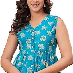 threadflix Women Floral Pattern Sleeveless Cotton Top Teal Blue Summer Tunic | V-Neck, Lightweight & Breathable | Soft Pure Cotton Fabric | Casual Style Top-picture-27