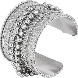 i jewels Navratri Ethnic Silver Oxidised Adjustable Afghani Ghungroo Cuff Kada Bracelet For Women-picture-12