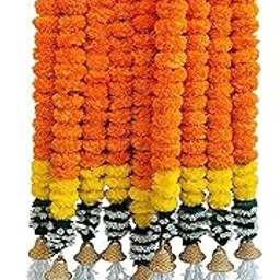 Tia Crafts Handmade Decorative Marigold Jasmine Bell Artificial Fluffy Garland for Home Door and Pooja (Orange Yellow Bell, 50 Mm)-picture-13