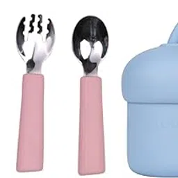 tudd Baby Grip Set Stainless Steel & Silicone Utensils for Kids | Pink with Mini Sip | Spill-Proof Silicone Straw Cup for Kids | Blue-picture-18