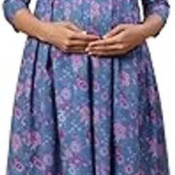 crafiqa Pre & Post Maternity/Nursing Wear Hand Printed Kurta/Kurti Cum Midi Dress/Nighty with Both Sides Zipper for Easy Feeding for to Be Moms & Nursing Mothers Cotton Blue Pink-picture-44