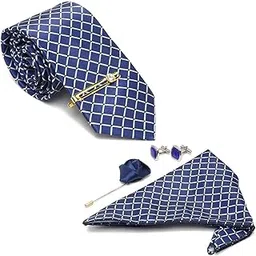 mutaqinoti Mens Blue Silk Blend Necktie Set Incl Pocket Square Cufflinks Golden Tiepin Brooch American Style Formal Tie Gift Set for Men (TEBU019GP)-picture-27
